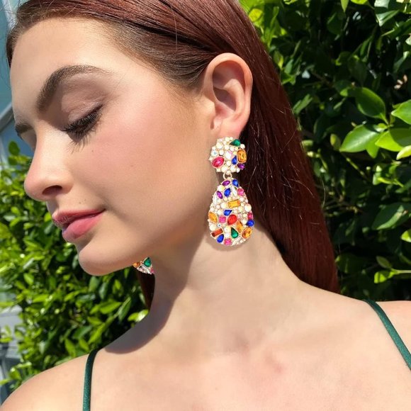 Crystals Teardrop Dangle Statement Earrings, Rhinestone Chandelier Fashion - Picture 4 of 6